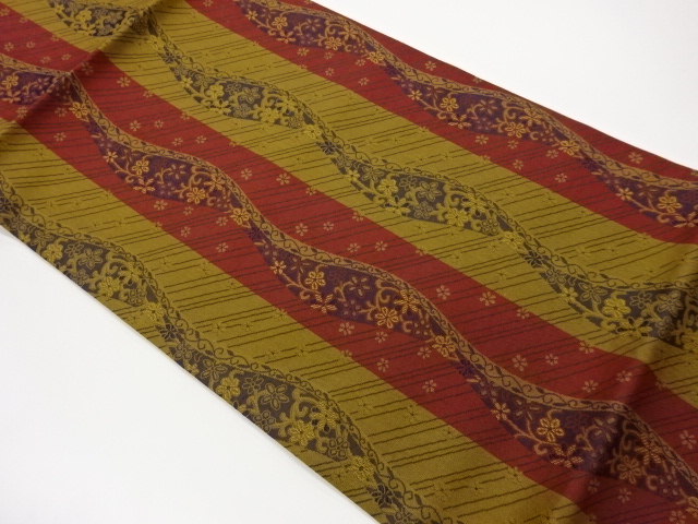 JAPANESE HIRAKI NAGOYA OBI / WOVEN FLOWER ARABESQUE